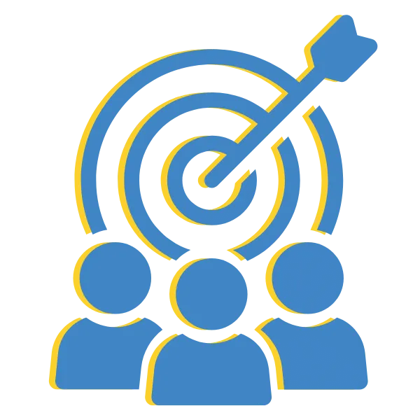 Illustration of a target with an arrow in the bullseye above a group of three people