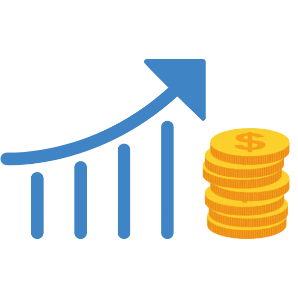 Illustration of a rising bar chart with an upward arrow beside a stack of gold coins