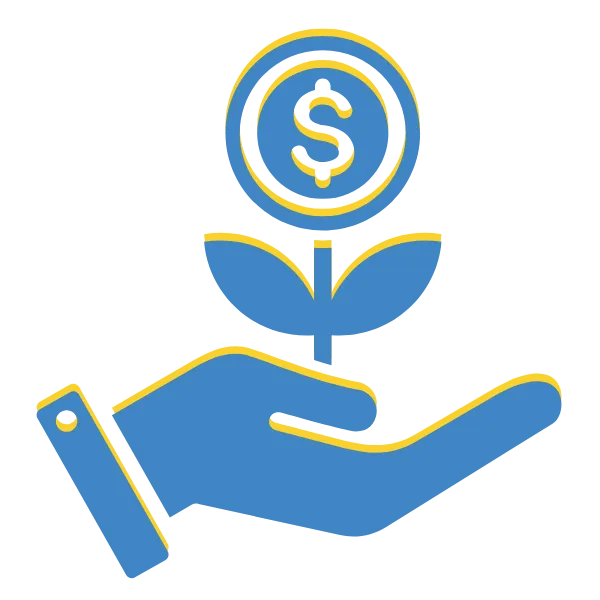 Illustration of a hand holding a plant whose flower is a dollar coin