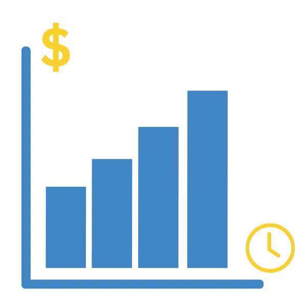 Illustration of a bar chart growing over time with a dollar sign and a clock